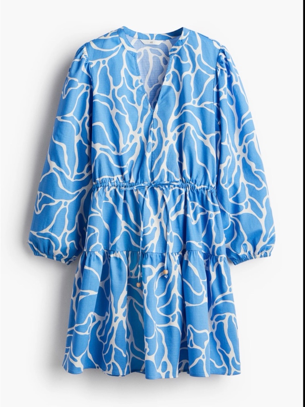H&M Blue and White Long Sleeve Tiered Mini Dress